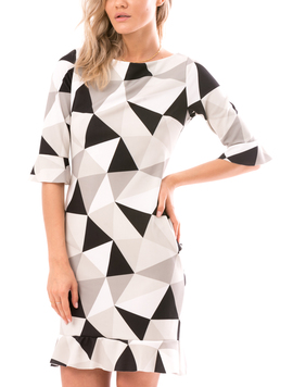Rochie Dama GeometricTriangle Alb Negru si Gri