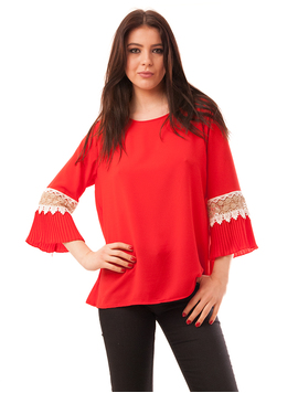 Bluza Dama Din Voal Cu Broderie Si Pliuri Mardy Rosie