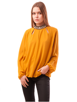 Bluza Dama Din Voal Cu Decupaje Si Colier Cristal Mustar