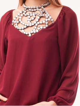 Bluza Dama Din Voal Cu Margele Mirror Grena