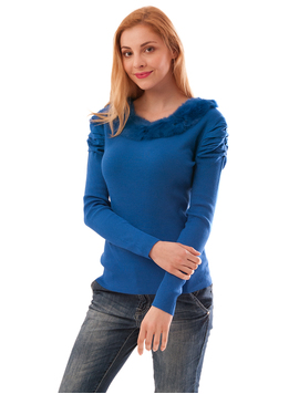 Bluza Dama Cu Guler Din Blana Glory Albastra