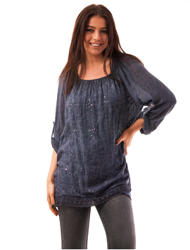Bluza Dama Cu Dantela Si Paiete Comfortable Bleumarin