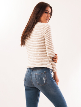 Bluza Dama Pufoasa Cu Fir Stralucitor Stripes Bej Si Alb