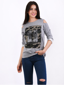 Bluza Dama Cu Imprimeu Si Despicaturi La Umeri Join Gri