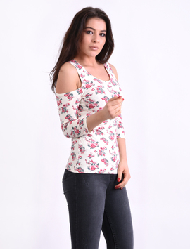 Bluza Dama Cu Imprimeu Floral Si Umeri Goi Skin Crem