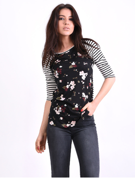Bluza Dama Cu Imprimeu Floral Si Dungi Weekend Alb Si Negru