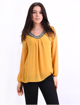 Bluza Dama Din Voal Cu Margele La Decolteu Admire Mustar