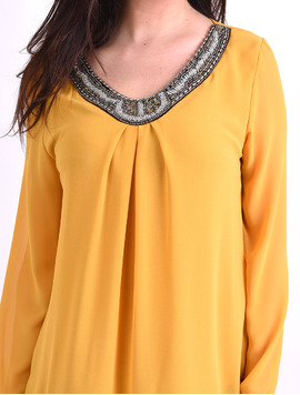 Bluza Dama Din Voal Cu Margele La Decolteu Admire Mustar