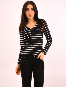 Bluza Dama In Dungi Cu Siret Stripes Neagra