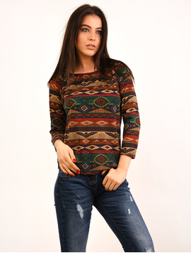Bluza Dama Cu Elastic La Decolteu Kindness Caramiziu Si Verde