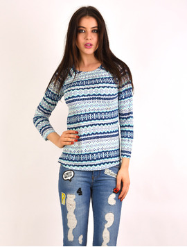 Bluza Dama Cu Model Geometric Opportunity Albastru Si Alb