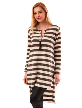 Bluza Dama Lunga In Dungi Cu Colier Layering Up Alb Si Maro