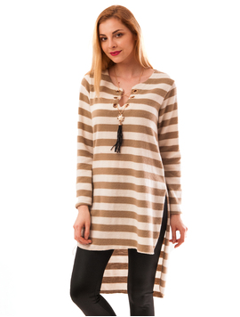 Bluza Dama Lunga In Dungi Cu Colier Layering Up Alb Si Bej
