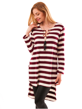 Bluza Dama Lunga In Dungi Cu Colier Layering Up Alb Si Grena