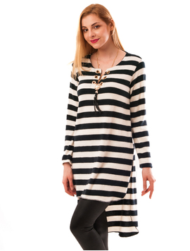 Bluza Dama Lunga In Dungi Cu Colier Layering Up Alb Si Bleumarin