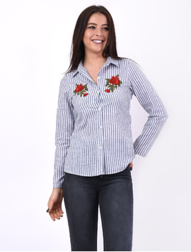 Camasa Dama Cu Dungi Si Broderie Joy Alb Si Gri
