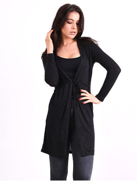 Cardigan Dama Lung Cu Cordon Spring Negru