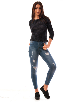 Jeans Dama Cu Talie Inalta Si Rupturi Faith Albastri