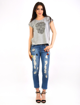 Jeans Dama Cu Rupturi Si Aplicatii Decorative Relaxed Albastri