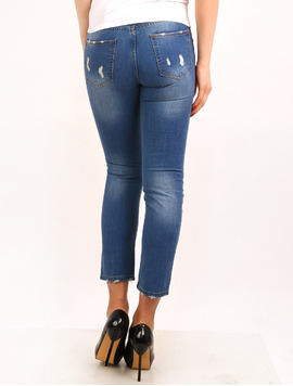 Jeans Dama Cu Rupturi Si Aplicatii Decorative Relaxed Albastri