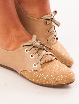 Pantofi Dama Cu Strasuri Si Siret Hurry Up Bej