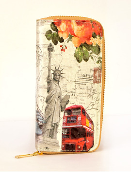 Portofel Dama Cu Imprimeu London Enjoy Rosu Si Gri