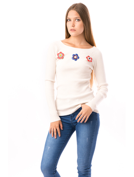 Pulover Dama Cu Flori Aplicate AutumnFlowers Alb