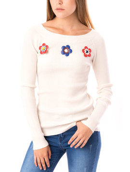 Pulover Dama Cu Flori Aplicate AutumnFlowers Alb