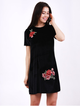 Rochie Dreapta Din Catifea Cu Flori Aplicate Before Neagra