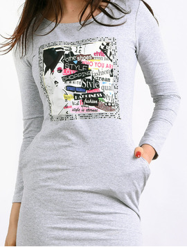 Rochie Dreapta Cu Imprimeu Si Strasuri Shopping Gri