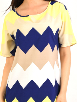 Rochie Dreapta Cu Imprimeu Zig Zag Figure Bleumarin Si Galben