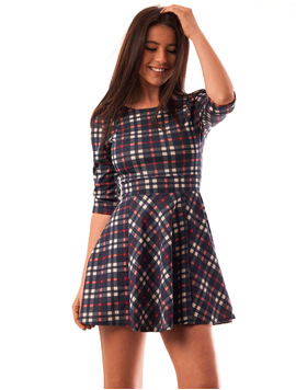 Rochie In Clos Cu Carouri Rosu Si Bleumarin