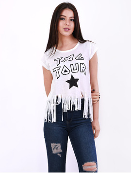 Tricou Dama Cu Franjuri Si Imprimeu Together Alb