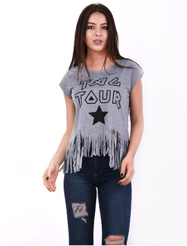 Tricou Dama Cu Franjuri Si Imprimeu Together Gri