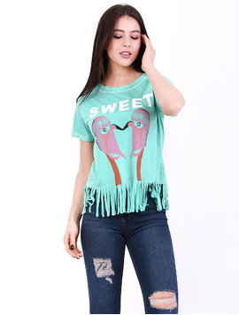 Tricou Dama Cu Franjuri Si Imprimeu Sweet Verde