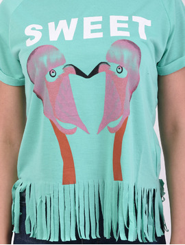 Tricou Dama Cu Franjuri Si Imprimeu Sweet Verde
