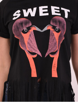 Tricou Dama Cu Franjuri Si Imprimeu Sweet Negru