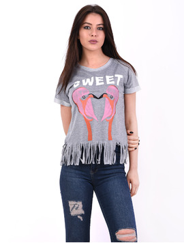 Tricou Dama Cu Franjuri Si Imprimeu Sweet Gri