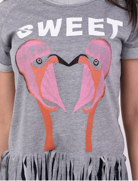 Tricou Dama Cu Franjuri Si Imprimeu Sweet Gri
