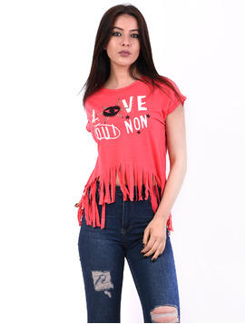 Tricou Dama Cu Franjuri Si Imprimeu Love Eyes Roz