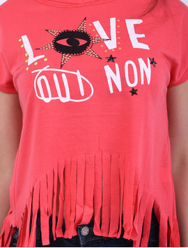 Tricou Dama Cu Franjuri Si Imprimeu Love Eyes Roz
