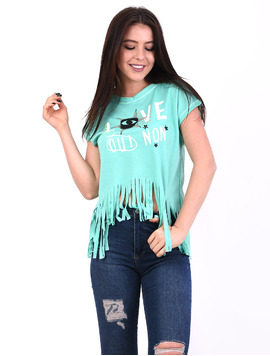 Tricou Dama Cu Franjuri Si Imprimeu Love Eyes Verde