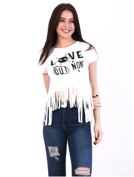 Tricou Dama Cu Franjuri Si Imprimeu Love Eyes Alb