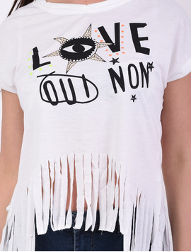 Tricou Dama Cu Franjuri Si Imprimeu Love Eyes Alb
