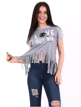 Tricou Dama Cu Franjuri Si Imprimeu Love Eyes Gri