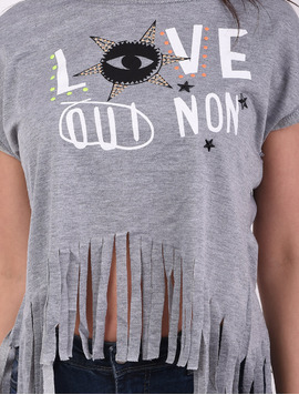 Tricou Dama Cu Franjuri Si Imprimeu Love Eyes Gri