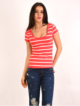 Tricou Dama Cu Dungi Si Decolteu Level Alb Si Corai