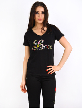 Tricou Dama Cu Broderie Si Perlute Love Negru