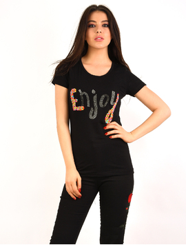 Tricou Dama Cu Strasuri Si Margele Enjoy Negru