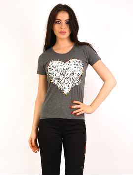 Tricou Dama Cu Imprimeu Inima Opinion Gri Inchis